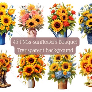 Sunflower clipart 45 PNG transparent background Sunflower gift Wall art Instant download Commercial use Digital Sunflower flowers painting