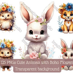 Baby Animal Clipart PNG Lion Boho Flower Hedgehog Floral Bunny Nursery Decor Animal Babyshower Boho Flower Animated Animal Baby Decore Zoo