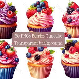 May include: Six cupcakes decorated with various berries, including strawberries, raspberries, blueberries, and blackberries. The cupcakes have pink, purple, and white frosting and are displayed on a white background.