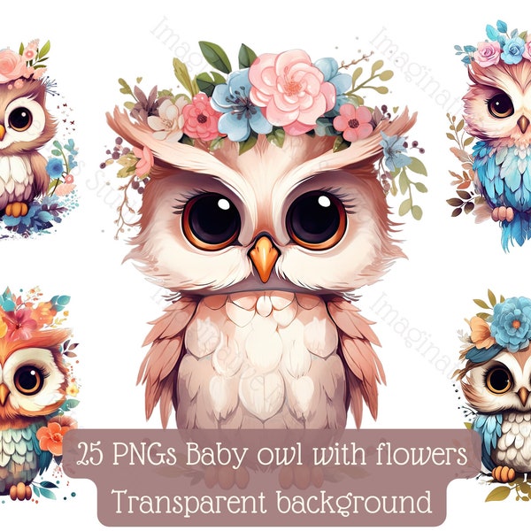 Baby owl clipart 25 high-quality PNG with transparent background Vector wall art download Commercial use Bird with flower Nursery painting