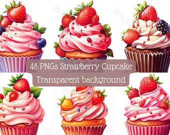 Clipart de cupcake de morango 48 fundo transparente PNG de alta qualidade Ilustração vetorial de sobremesa Uso comercial Cupcake de morango digital