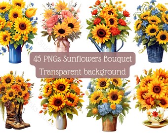 Sunflower clipart 45 PNG transparent background Sunflower gift Wall art Instant download Commercial use Digital Sunflower flowers painting