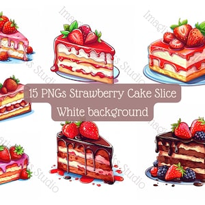 Clipart di fetta di torta di fragole 15 PNG sfondo bianco Illustrazione di dessert vettoriale Uso commerciale Immagine digitale della torta di fragole