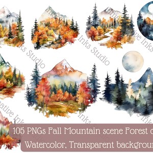 Puede incluir: Ilustraciones de acuarela de escenas de montaña de otoño con bosques. Las ilustraciones presentan una variedad de colores, incluyendo verde, marrón, naranja y amarillo. Las ilustraciones son perfectas para usar en scrapbooking digital, creación de tarjetas y otros proyectos de manualidades.