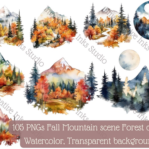 Fall Mountain Scene Forest Clipart Woodland Tree Art Yellow Landscape Autumn Watercolor Fall Foliage Forest Autumn Scenery Wall Art Sunset