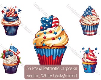 Cupcake patriótico clipart PNG fondo blanco Vector Ilustración del Día de la Independencia Uso comercial 4 de julio imagen dulce Postre americano