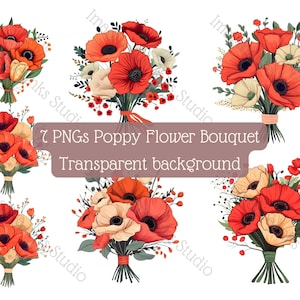 Bouquete clipart Poppy flowers PNG transparent background Vector illustration Commercial use Digital floral art Flower Bouquet wall art