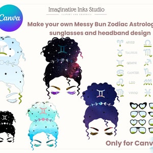 May include: A digital illustration of a messy bun hairstyle with a zodiac symbol on top. The illustration is available in four different color variations. The image also includes a set of sunglasses and a list of zodiac signs with their corresponding symbols.