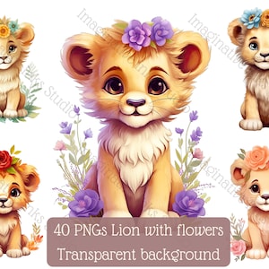 Baby Lion Clipart PNG Lion Boho Flower Lion Floral Lion Nursery Decor Lion WallArt Lion Babyshower Boho Flower Animated Lion Baby Safary