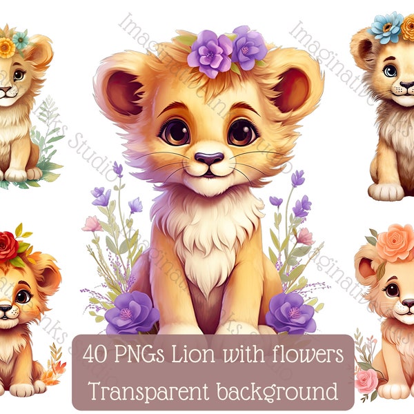 Baby Lion Clipart PNG Lion Boho Flower Lion Floral Lion Nursery Decor Lion WallArt Lion Babyshower Boho Flower Animated Lion Baby Safary