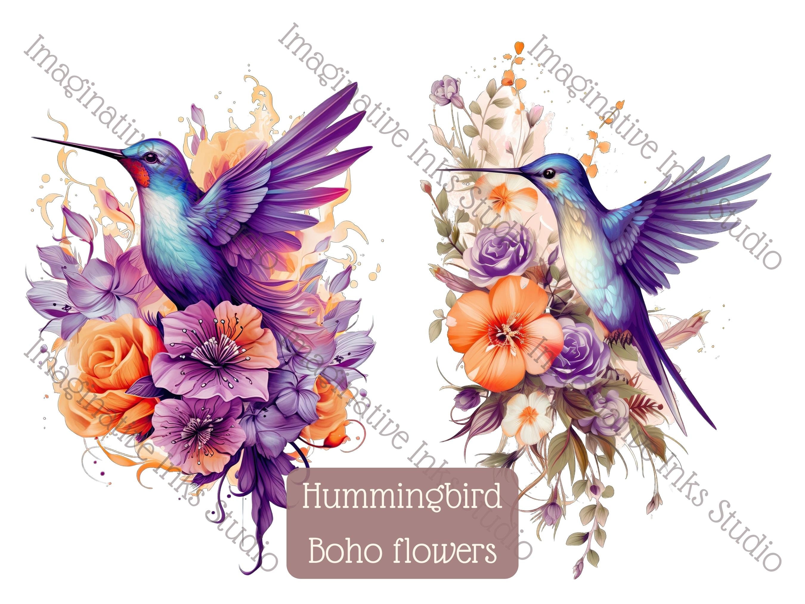 Hummingbird Clipart PNG Purple Hummingbird Boho Flower Bird Wall Art ...