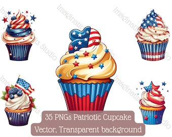 Cupcake patriótico clipart PNG fondo transparente Ilustración del Día de la Independencia Uso comercial 4 de julio imagen dulce Postre americano