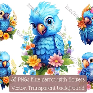 Parrot Clipart PNG Blue Parrot Boho Flower Bird Wall Art Cute Parrot Nursery Decor Parrot Babyshower Tropical Bird Animated Baby Parrot Bird