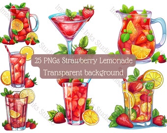 Strawberry Lemonade clipart 25 PNG transparent background Vector drink illustration Commercial use Digital cocktail Strawberry punch image