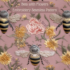 Embroidery seamless pattern Bee Flower embroidery Cottage core boho Printable seamlesspattern Floral tumblerwrap Bees seamless pattern