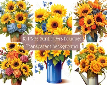Sunflower clipart 15 PNG transparent background Sunflower gift Wall art Instant download Commercial use Digital Sunflower flowers painting