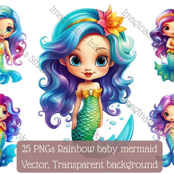 Baby Mermaid Clipart PNG Rainbow Mermaid Digital Fantasy Mermaid Rainbow Nursery Art Colorful Babyshower Mermaid Baby Decor Mermaid Rainbow