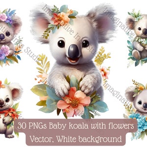 Baby Koala Clipart PNG Koala Boho Flower Koala Floral Koala Nursery Decor Cute Koala WallArt Koala Babyshower Boho Flower Animated Koala