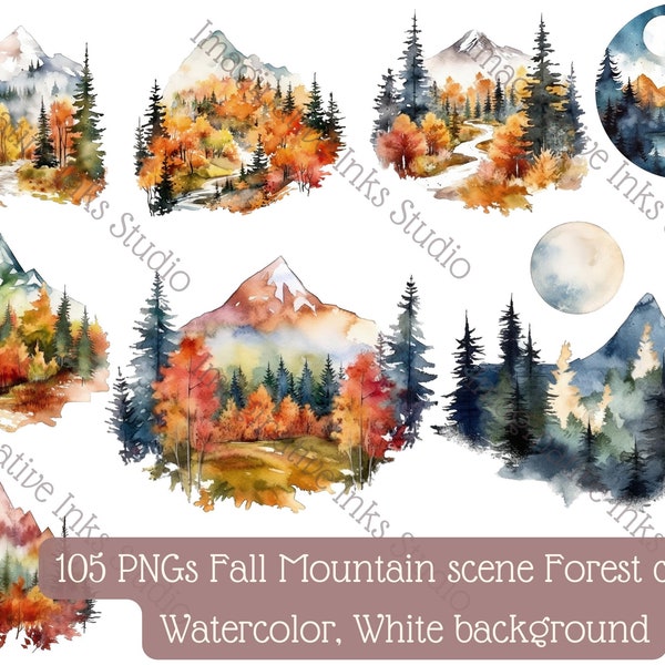 Fall Mountain Scene Forest Clipart Woodland Tree Art Yellow Landscape Autumn Watercolor Fall Foliage Forest Autumn Scenery Wall Art Sunset