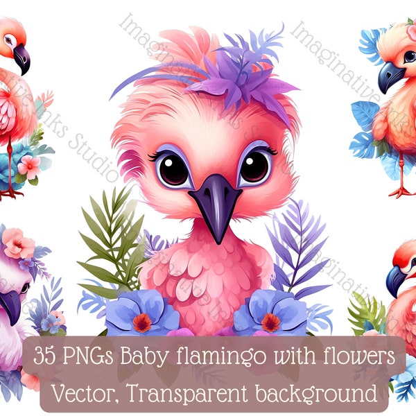 Baby Flamingo Clipart PNG Flamingo Boho Flower Bird WallArt Cute Flamingo Nursery Decor Flamingo Babyshower Pink Bird Animated Baby Flamingo