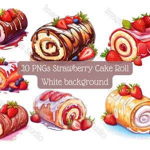 Strawberry Cake Roll clipart 20 PNG white background Vector dessert illustration Commercial use Digital berry cake image