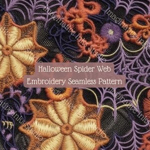 Patrón sin costuras de bordado Tela de araña Bordado de flores Núcleo de cabaña Patrón sin costuras imprimible Envoltura de vaso de Halloween Araña de Halloween