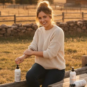 May include: A woman wearing a cream-colored sweater and dark jeans sits outdoors, applying lotion from a white bottle with a black pump. Two additional bottles are visible. The background features a wooden fence and a stone wall.