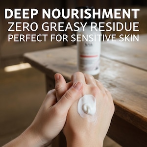 May include: A white cream is applied to a hand, with a bottle in the background. The text on the image reads: DEEP NOURISHMENT, ZERO GREASY RESIDUE, PERFECT FOR SENSITIVE SKIN. The product appears to be a skincare product.