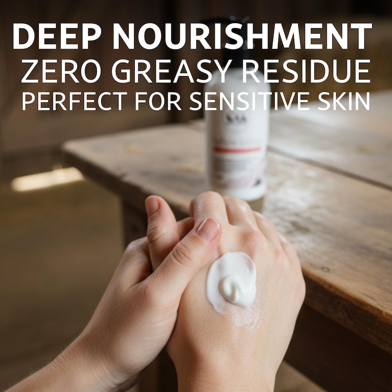 May include: A white cream is applied to a hand, with a bottle in the background. The text on the image reads: DEEP NOURISHMENT, ZERO GREASY RESIDUE, PERFECT FOR SENSITIVE SKIN. The product appears to be a skincare product.