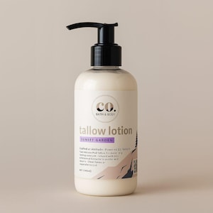 May include: A white bottle of "tallow lotion" with a black pump dispenser. The label includes the text "CO. BATH & BODY" and "SUNSET GARDEN". The bottle contains 8 fl oz (240ml) of lotion.