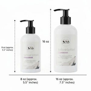 May include: Two white lotion bottles with black pumps. One is 8 oz (approx. 5.5 inches), the other is 16 oz (approx. 7.5 inches). Both have labels with the text "tallow lotion" and "CASAM SKIN".