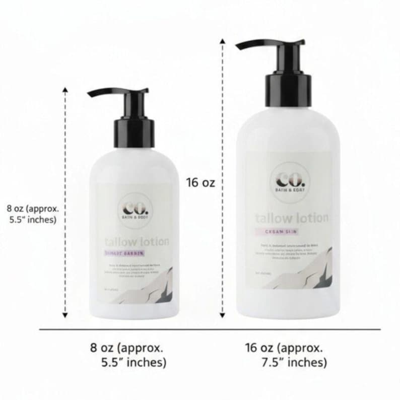 May include: Two white lotion bottles with black pumps. One is 8 oz (approx. 5.5 inches), the other is 16 oz (approx. 7.5 inches). Both have labels with the text "tallow lotion" and "CASAM SKIN".