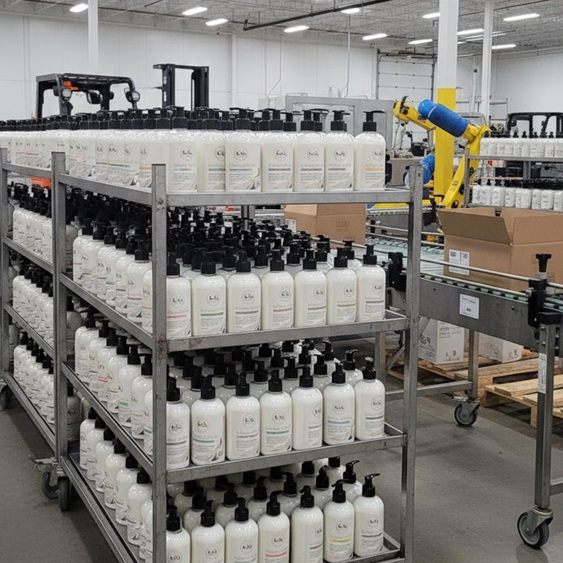 May include: Rows of white lotion bottles with black pump dispensers are stacked on metal shelves in a warehouse. The bottles have labels with minimalist designs. A forklift and robotic arm are visible in the background, suggesting a production or packaging facility.