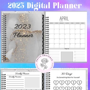 May include: A digital planner with a marble and glitter cover. The planner includes a monthly calendar, weekly planner, and a 30-day challenge to do something nice for yourself. The planner is designed for 2023.