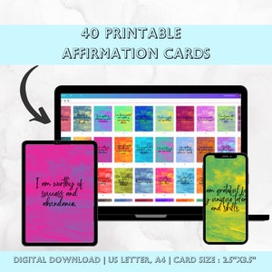 Positive Affirmations Cards, 40 Printable Cards, Mental Health Affirmations, Self Love Affirmation Cards, Mindfulness Cards