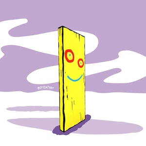 May include: A yellow wooden plank with a painted smiley face, red and blue eyes, and the text "@GFXDATWAY" at the bottom.