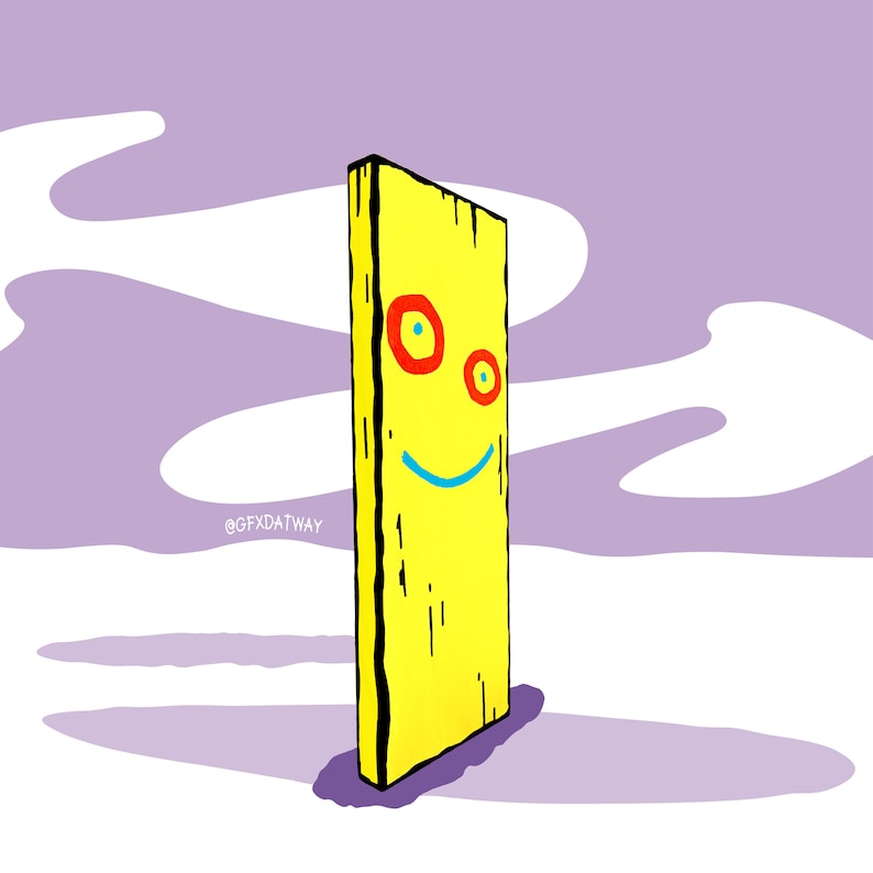 May include: A yellow wooden plank with a painted smiley face, red and blue eyes, and the text "@GFXDATWAY" at the bottom.