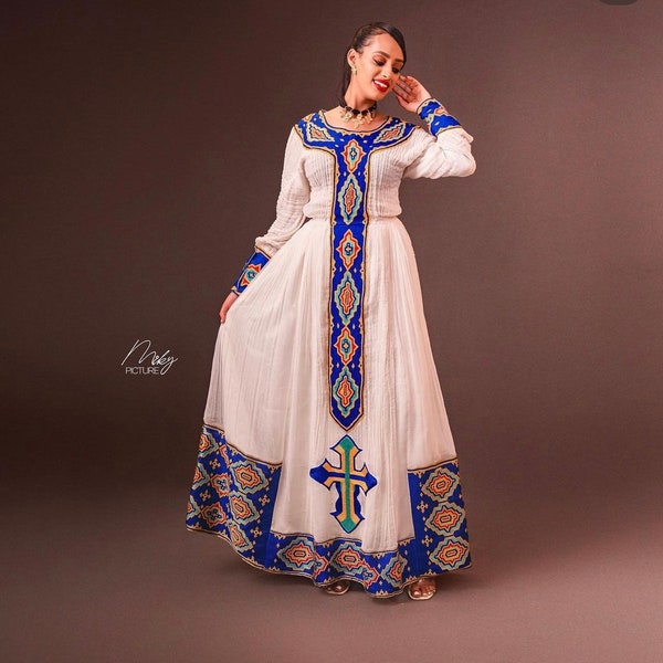 Elegant Habesha Zuria with Blue embroidery– Handwoven Ethiopian Dress wedding, graduation and special events
