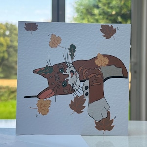 Feuilles d'automne, motif chat roux, carte de voeux vierge faite main