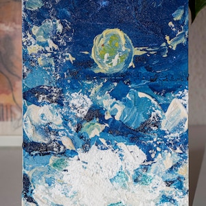 Paisaje marino lunar - Pintura pequeña ORIGINAL HECHA A MANO, Acrílico Azul Aguamarina Blanco Verde, Arte de la pared Naturaleza paisaje obras de arte Cartón Sin enmarcar