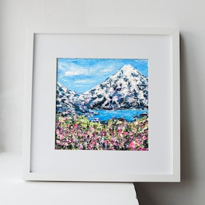 Lago de montaña - Pintura pequeña ORIGINAL HECHA A MANO, acrílico azul blanco amarillo naranja, arte de pared, obra de arte de paisaje natural, cartón sin marco