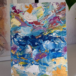 Lugares animados - Pintura pequeña ORIGINAL HECHA A MANO, Acrílico Azul Blanco Amarillo Naranja, Arte de la pared, Arte del paisaje de la naturaleza Cartón sin marco