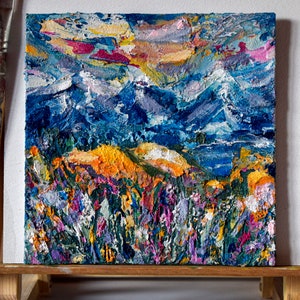 Paisaje de montaña - Pintura pequeña ORIGINAL HECHA A MANO, Acrílico Azul Naranja Amarillo Rosa, Arte de la pared Naturaleza paisaje obras de arte Cartón Sin enmarcar