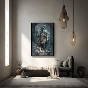 May include: A framed artwork depicts a skeletal figure adorned with a crown and armor, holding a staff with red accents. The artwork is set against a dark, teal background with lush foliage. The room features a bench, rug, and hanging lamps.