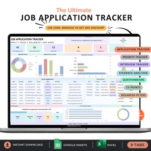 May include: A digital job application tracker displayed on a laptop screen, featuring colorful charts, tables, and metrics for tracking applications, interviews, and offers. The interface includes tabs for application, priority, and interview tracking.
