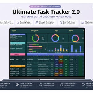 Può includere: Un sistema di produttività digitale intitolato Ultimate Task Tracker 2.0 visualizzato sullo schermo di un portatile. L'interfaccia presenta una dashboard scura con grafici ad anello colorati, grafici a barre e un elenco dettagliato di attività.
