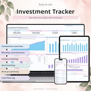 Pode incluir: Uma planilha de rastreamento de investimentos exibida em um laptop, tablet e smartphone. O painel inclui texto como Investment Tracker, Investment Dashboard e rótulos para visão geral de investimentos, contribuições mensais, rastreamento de renda, metas, resumo anual e fluxo de caixa. As telas mostram vários gráficos financeiros, gráficos de barras e tabelas de dados em tons de azul, roxo e rosa.
