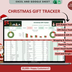 Foglio Tracker Regali di Natale Modalità Scura, Planner Google Sheets Excel, Budget e Lista Acquisti