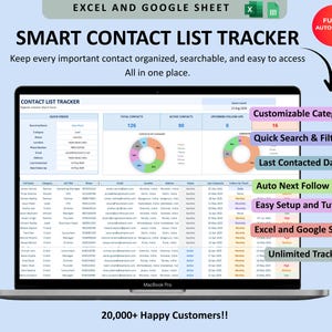 May include: A digital smart contact list tracker displayed on a laptop screen, featuring Excel and Google Sheet compatibility. The interface includes data tables, donut charts, and columns for categories, search filters, last contacted dates, and follow-up schedules.