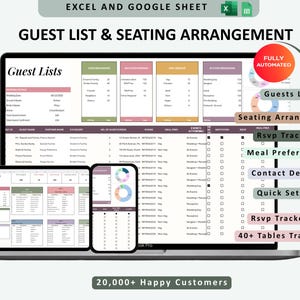 Può includere: Un modello di foglio di calcolo digitale per liste degli ospiti e disposizione dei posti per Excel e Google Sheets, visualizzato su un portatile, un tablet e uno smartphone. L'interfaccia include tabelle per nomi, preferenze pasti e tracciamento.